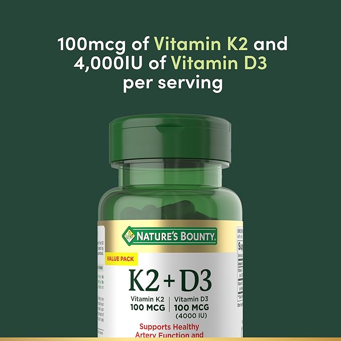 Nature's Bounty Supplement, 4000 IU Vitamin D3 Plus 100 mcg of Vitamin K Supplements for Adults for Heart & Bone Health Support, 60 Day Supply, 60 Vegetarian Capsules (Pack of 2)