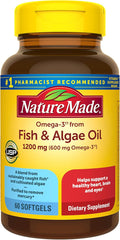Nature Made Omega 3 Fish Oil and Algae Oil Supplements, 1200mg, Algae Oil & Fish Oil Blend, Omega 3 Supplement for Heart, Brain and Eyes Support, One Per Day, 60 Softgels