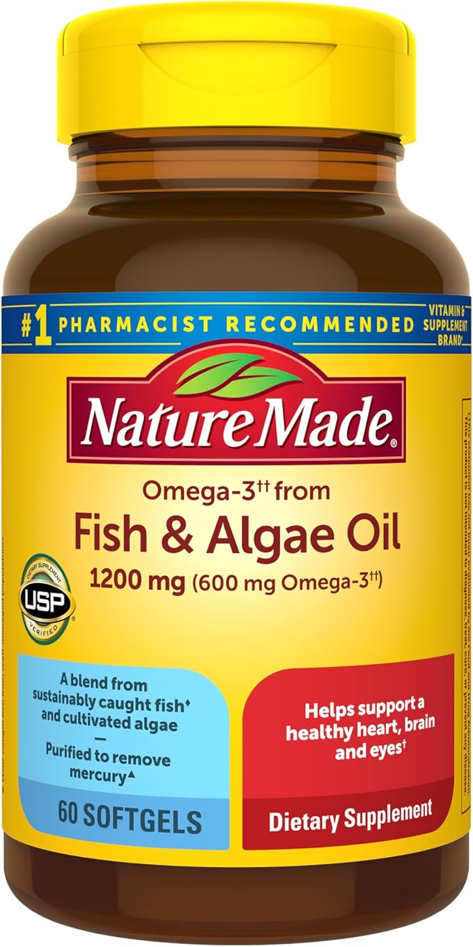 Nature Made Omega 3 Fish Oil and Algae Oil Supplements, 1200mg, Algae Oil & Fish Oil Blend, Omega 3 Supplement for Heart, Brain and Eyes Support, One Per Day, 60 Softgels