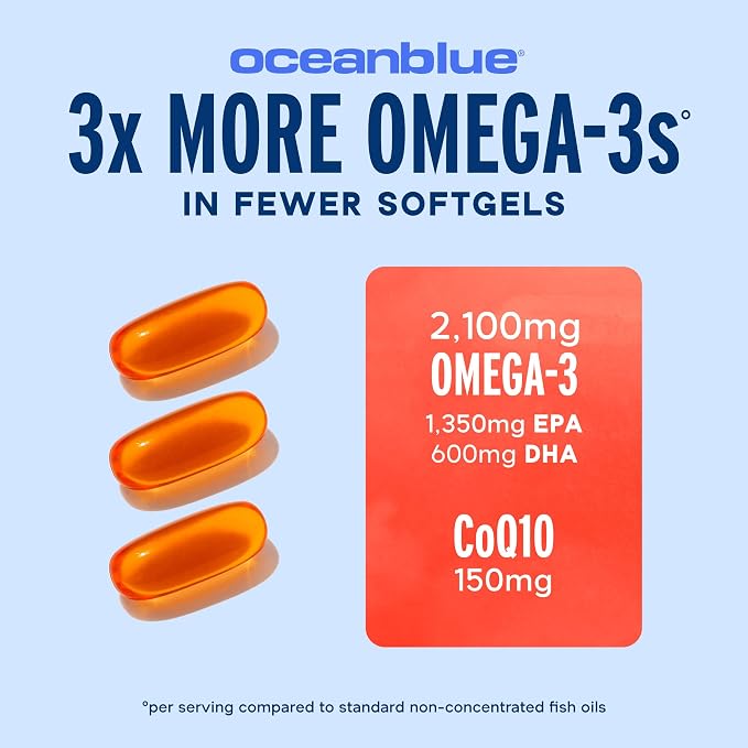 Oceanblue Omega 3 2100 with CoQ10 | Triple Strength Fish Oil Combo Supplement | 1350MG EPA 650MG DHA 150MG DPA with 150MG CoQ10 | Orange Flavor | Heart Support | 90 Softgels