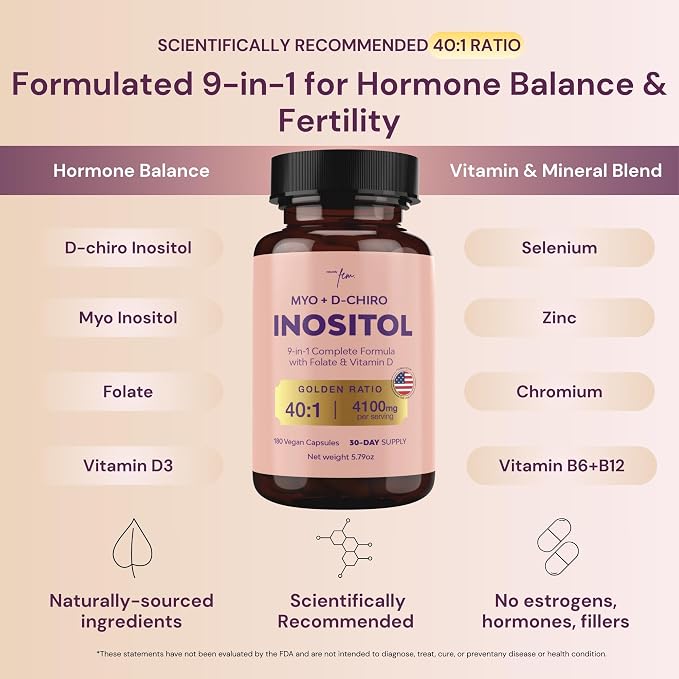 QSTA Myo-Inositol & D-Chiro Inositol Supplement for Women 4100mg (40:1 Ratio) – 9-in-1 Hormonal & Metabolic Support with Folate, Vitamin B6, B12, D3, Zinc & Chromium