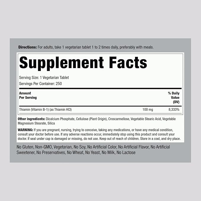 Piping Rock Vitamin B1 100mg | 250 Tablets | Thiamine Supplement | Vegetarian, Non-GMO, Gluten Free