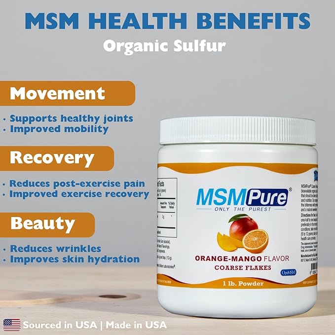 KALA HEALTH MSMPure Orange Mango Flavored Coarse MSM Powder Flakes – US-Made MSM for Joint Health, Skin Appearance, and Hair & Nail Support – 8.8 oz, Organic Sulfur