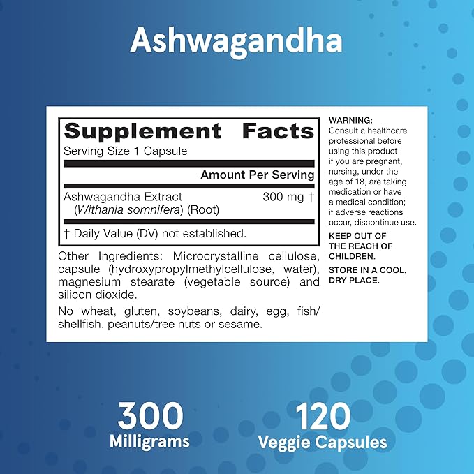 Jarrow Formulas Ashwagandha Capsules, 300 mg Supplement Supports Normalized Resistance to Mental and Physical Stress, 120 Veggie Capsules, 60 Day Supply