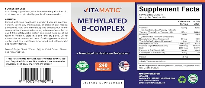 Vitamatic Methylated B-Complex Vitamins – 240 Capsules | Includes Methyl B12, L-5-MTHF Folate, Choline, Inositol, B1, B2, B3, B5, B6, Biotin | 10 in 1 B Complex Supplement | Made in USA