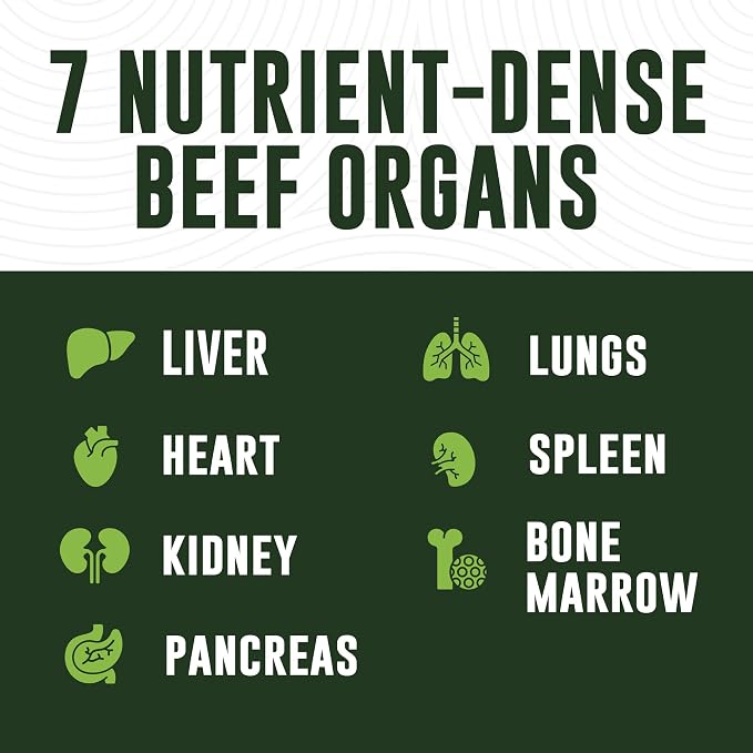 Beef Organ Supplement Grass Fed - 7 Beef Organs Complex from New Zealand - Liver Heart Pancreas Kidney Lung Spleen Bone Marrow - Non-GMO, No Fillers, Hormone & Antibiotic Free - Carnivore Diet - 180ct