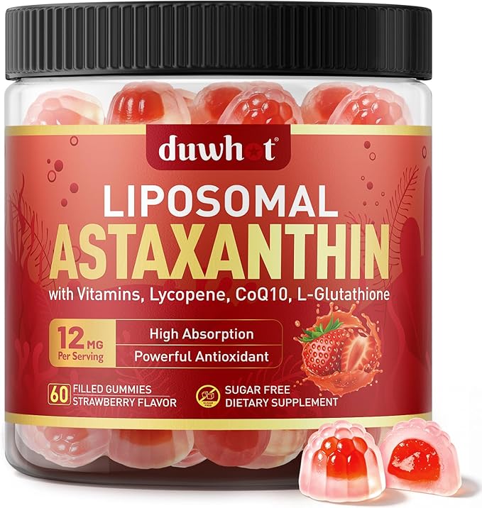 Liposomal Astaxanthin Gummies, Organic Astaxanthin 12mg Supplements with Lycopene, Glutathione for Powerful Antioxidant, Plus Vitamins & CoQ10 for Eye, Skin & Immune Health, Sugar Free, Vegan, 60
