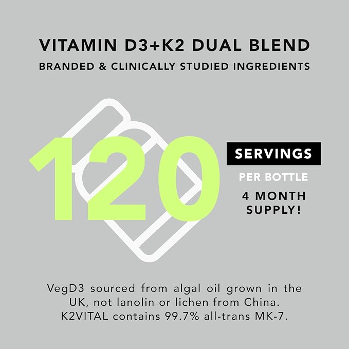 AMANDEAN Vitamin D3 K2. Vegan & Plant-Based 5000iu VIT D from Algae. All-Trans MK-7 K2Vital. 120 Softgels. Carrageenan Free. Organic Coconut Oil Blend. for Mood, Bones, Heart, Immune Health.