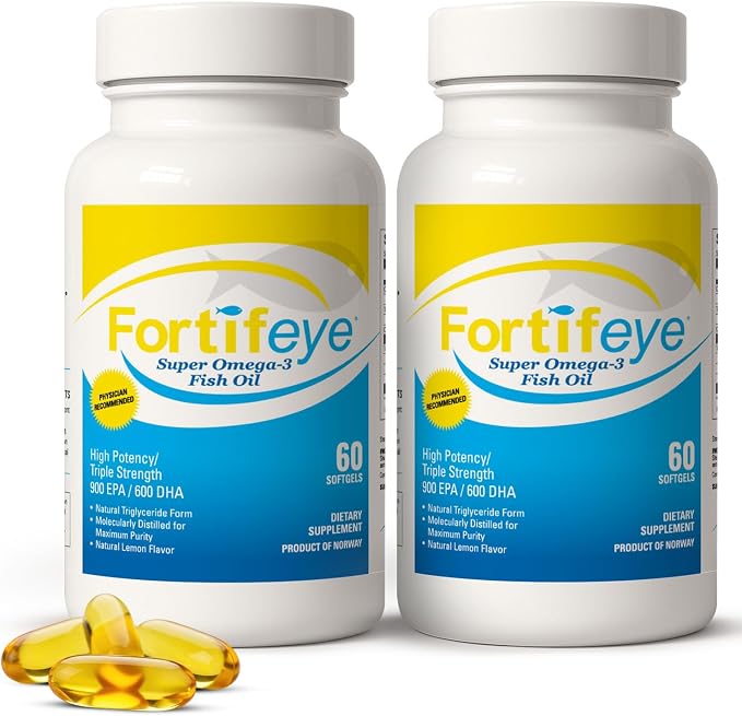 Fortifeye Omega 3 Fish Oil 120Count 1600 mg Made in Norway - High Potency rTG Form Supplement with EPA & DHA, Triple Strength Fish Oil Softgels for Men Women, No Fishy Aftertaste, Natural Lemon Flavor