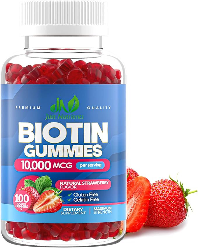 Biotin 10,000mcg Gummies for Hair Growth, Skin & Nails (100 Count) - 2x Maximum Strength Biotin Vitamins for Women & Men - Gluten-Free, Vegan, Non-GMO, Great Tasting Strawberry Flavor - 100 Gummies