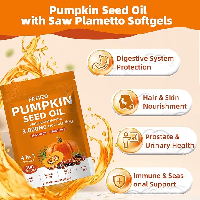 Pumpkin Seed Oil with Saw Palmetto, Vitamin D3 & Elderberry-300 Capsules, Pure Virgin Oil, Essential Fatty Acids & Phytosterols-Supports Prostate Function, Hair Health & Urinary Comfort