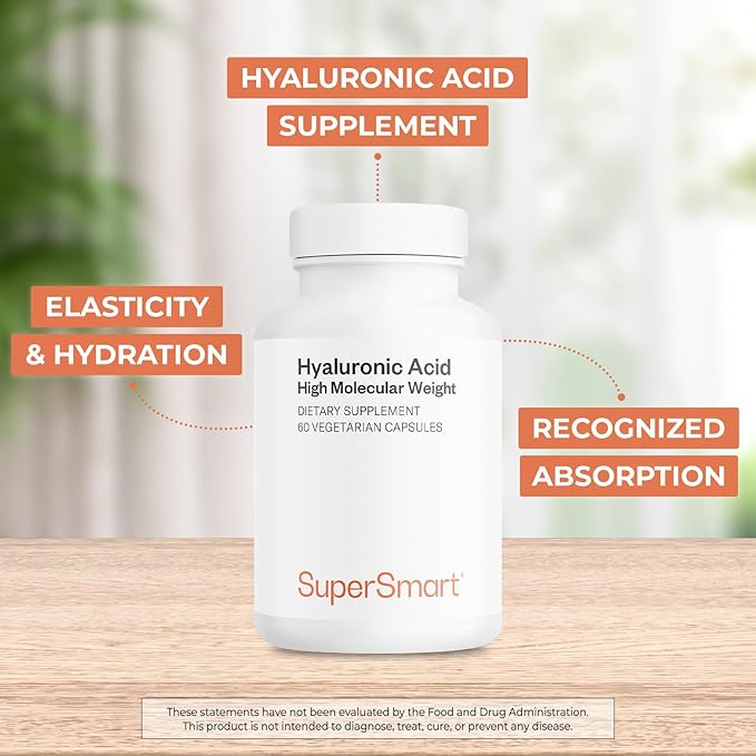 Supersmart Hyaluronic Acid Supplement 300mg per Day (Sodium Hyaluronate) - High Molecular Weight 1.2 Million Daltons | Non-GMO & Gluten Free - 60 Vegetarian Capsules