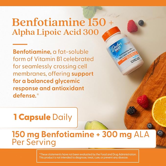 Doctor's Best Benfotiamine + Alpha Lipoic Acid (ALA) Nutritional Supplement - Support for Glycemic Balance & Metabolic Response, Benfotiamine 150 mg & Alpha-Lipoic Acid 300 mg Capsules - 60 Veg Caps