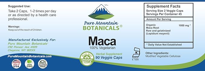 Pure Mountain Botanicals Maca Root Capsules - Kosher Vegan Caps Now with 1000 mg Organic Raw Macca and Gelatinized Maca Root Supplement