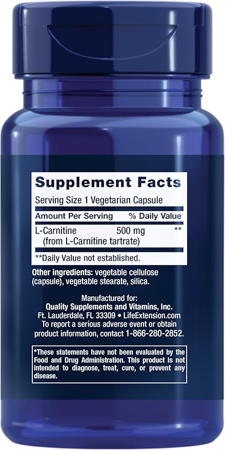 Life Extension L-Carnitine – 500 mg, Energy & Memory Supplement – Free Form Amino Acid, Nitric Oxide Support, Healthy Blood Pressure | Gluten-Free, Non-GMO, Vegetarian | 30 Capsules (Pack of 2)