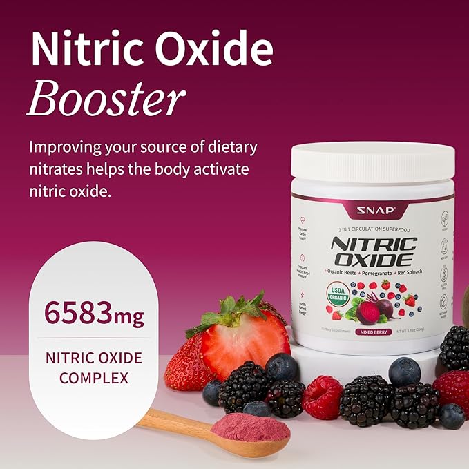 Snap Supplements Organic Beet Root Powder Nitric Oxide Supplement for Men & Women, Red Spinach & Pomegranate, Supports Healthy Energy & Blood Pressure Already in Normal Range, 30 Servings, Mixed Berry