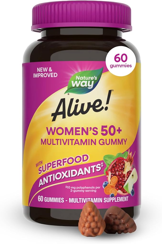 Nature's Way Alive! Women’s 50 Plus Multivitamin Gummy, Daily Chewable Multivitamins with B-Vitamins, Vitamin D3, Calcium, Supports Heart, Brain & Bone Health,* Mixed Berry Flavored, 60 Count