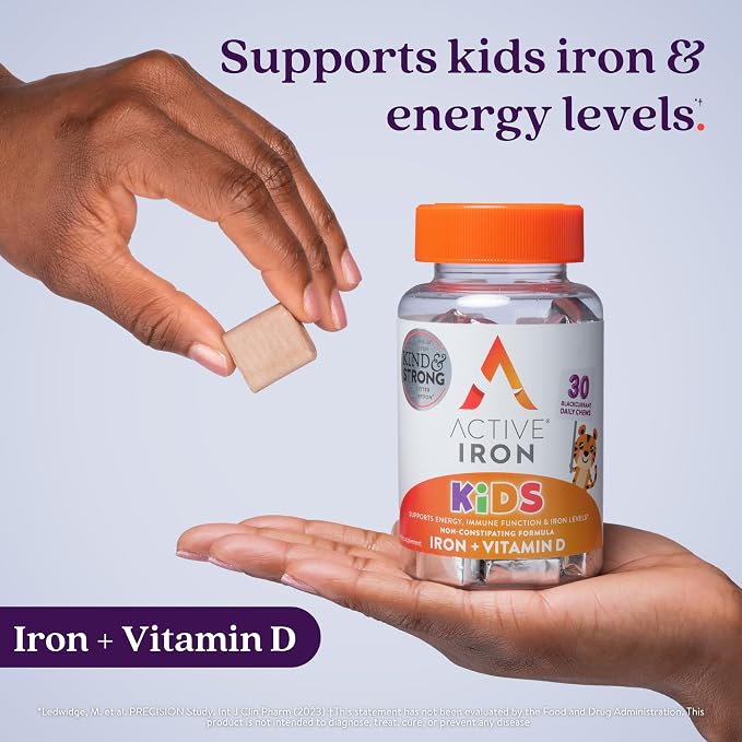 Active Iron Supplement 7mg + Vitamin D for Kids, Clinically Proven Better Absorption, Increase Iron & Energy Levels, Gentle & Non-Constipating, Supports Growth & Immune Health, 30 Blackcurrant Chews