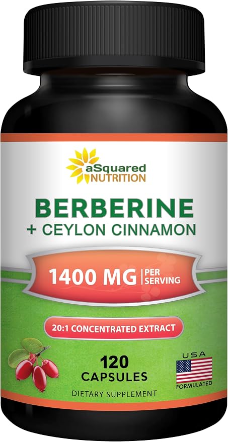 aSquared Nutrition Berberine with Ceylon Cinnamon Supplement - Max Strength Complex - 120 Capsules - Berberine HCl 1200mg Per Serving - Premium Extract Plus Pills Alternative to Gummies & Drops