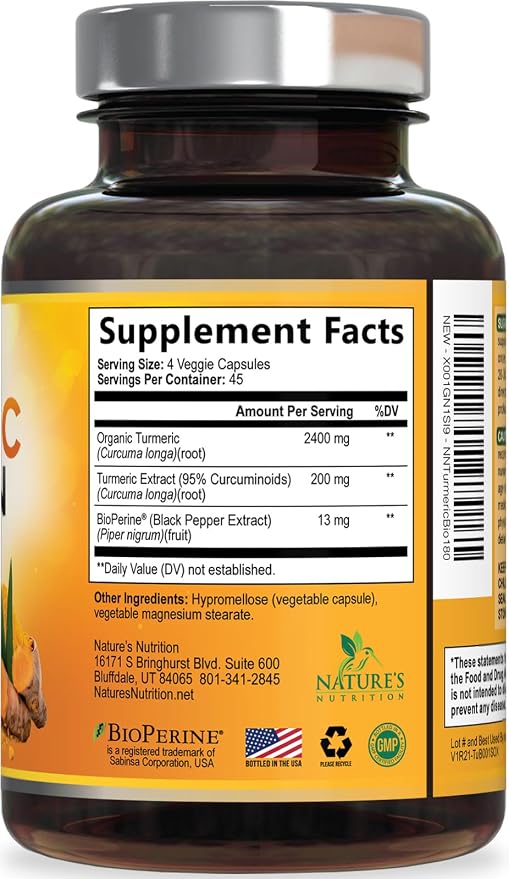 Turmeric Curcumin Supplement - 2400mg Organic Turmeric Per Serving - 95% Curcuminoids & BioPerine Black Pepper Extract for Best Absorption - Natural Vegan Joint Support, Bottled in USA - 180 Capsules
