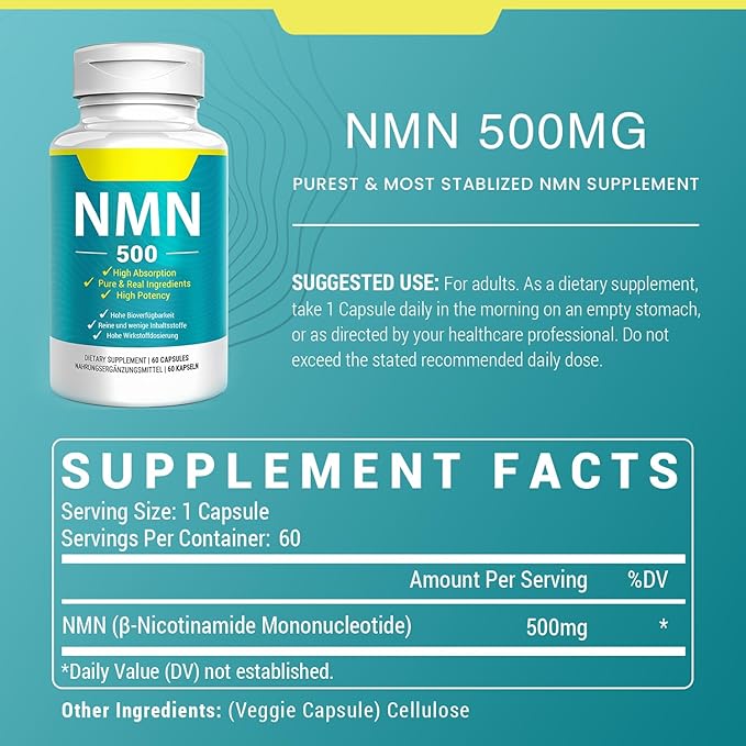 Vegan NMN Supplement 500mg, Higher Absorption - 99% Pure NMN (Nicotinamide Mononucleotide)for NAD+, Cellular Energy Immune Muscle, Anti-Aging & Longevity, Stabilized NMN - 60 Capsules (60 Days Supply)