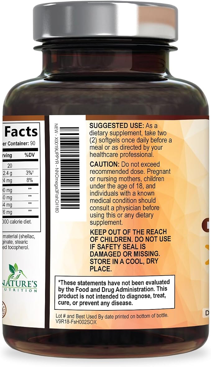 Omega 3 Fish Oil Supplements - 2400mg Fish Oil Per Serving - Triple Strength Omega-3 with EPA & DHA Fatty Acids - Natural Heart, Brain & Immune Support - Wild Caught, Bottled in USA - 180 Softgels