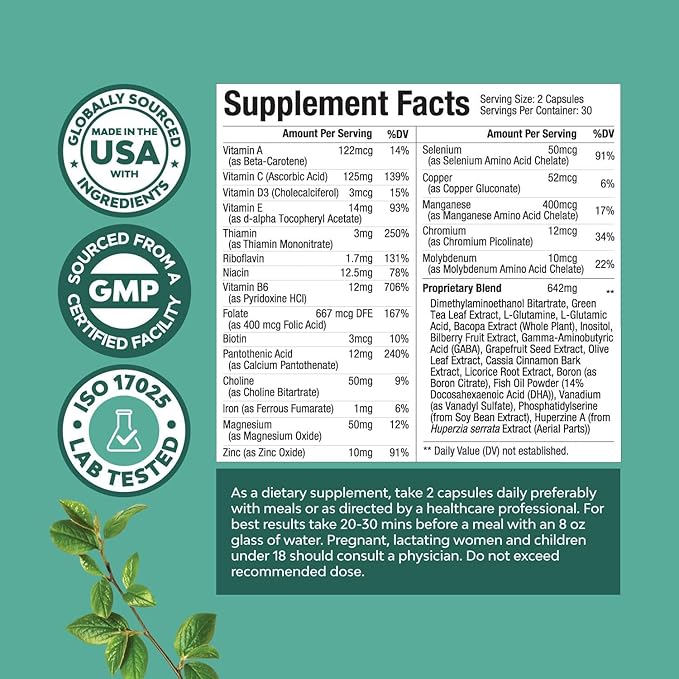 Advanced Brain Supplement for Memory and Focus - Nootropics Brain Support Supplement with Memory and Focus Vitamins for Adults of All Ages - for Brain Fog Clarity Energy and Recall - 60 Count