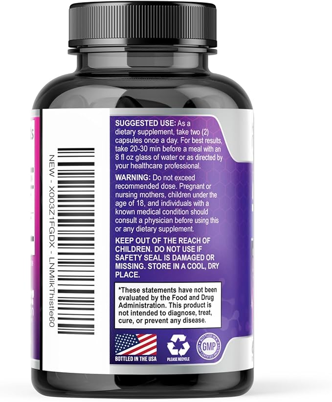 Milk Thistle Supplement - Liver Health Support with Dandelion Root & Silymarin Marianum, Liver Cleanse Detox & Repair - Nature's Milk Thistle Extract - 60 Capsules
