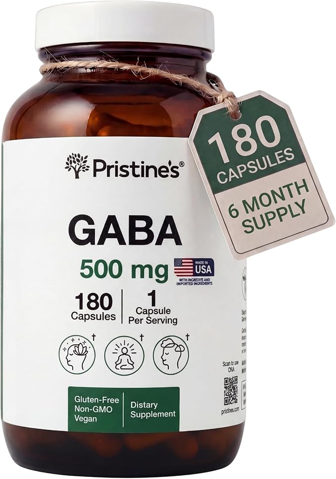PRISTINE'S GABA 500mg Sleep Quality Support Supplement - 180 Day Supply - Calm Mind & Relaxation Sleep Support Capsules Glass Bottle