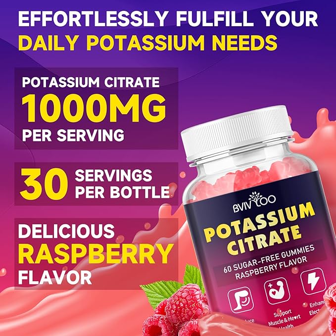 Potassium Citrate Gummies for Adults, Sugar-Free Potassium 1000mg Support Leg Cramps & Electrolyte Balance High Potency 60 Count