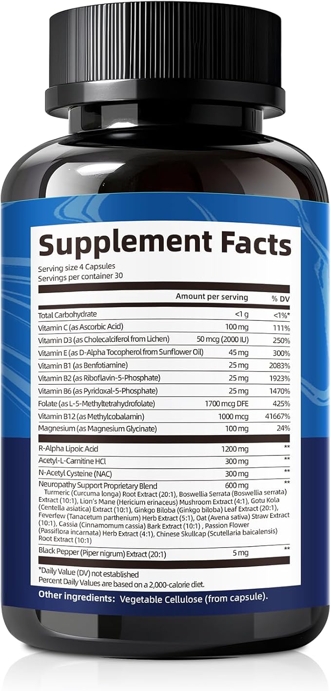 Nerve & Peripheral Neuropathy Support Supplement with 1200mg R-Alpha Lipoic Acid L-Carnitine Vitamin B12 B1 B6 D3 E Folate Lions Mane NAC Magnesium Turmeric - Liver Detox, Antioxidant & Mental Support