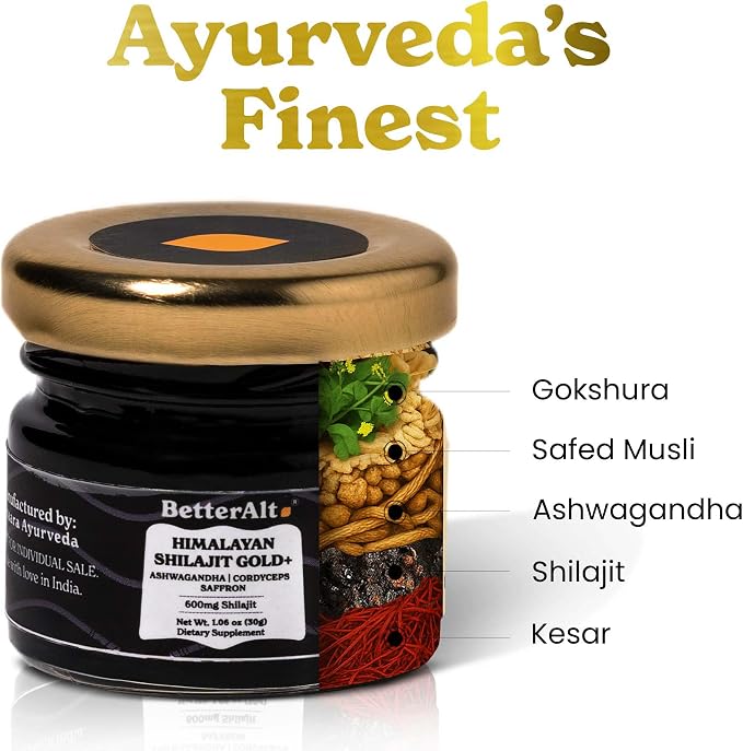 Better Alt Pure Himalayan Shilajit Gold+(30gm)|Enhances Recovery & Boosts Strength|16,000 ft Sourced Blend with Ashwagandha, Safed Musli,Gokshura|Shilajit gold for men & women|Vegan & Lab Tested-600mg