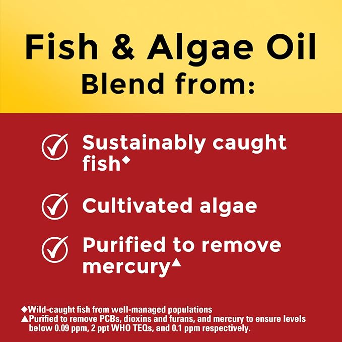 Nature Made Omega 3 Fish Oil and Algae Oil Supplements, 1200mg, Algae Oil & Fish Oil Blend, Omega 3 Supplement for Heart, Brain and Eyes Support, One Per Day, 60 Softgels