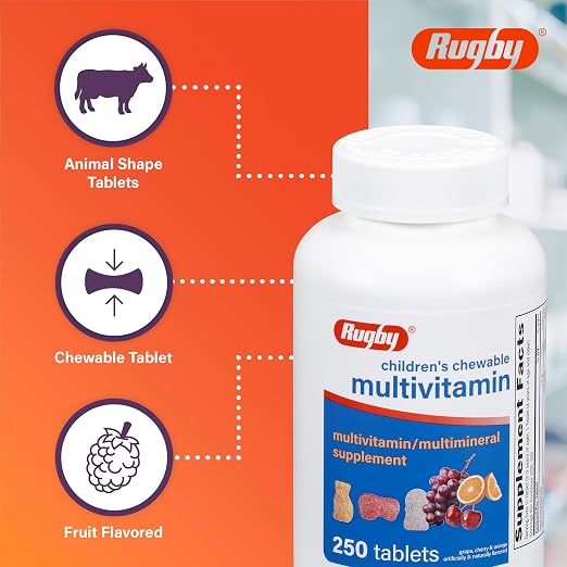 Rugby Children’s Chewable Multivitamin Tablets - Dietary Supplement - Assorted Fruit Flavors - Animal Shapes - 250 Count (1 Pack)