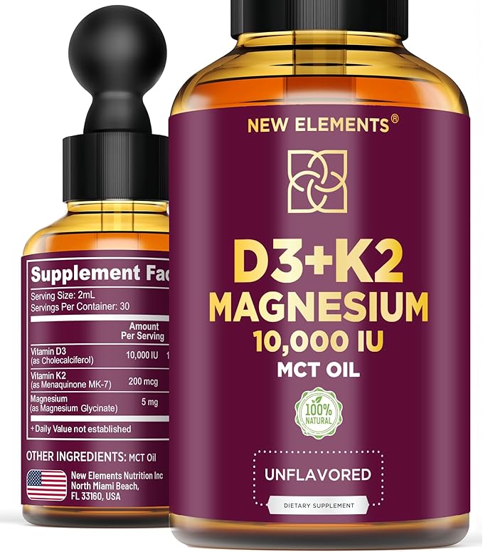 Liquid Vitamin D3 with K2 & Magnesium Glycinate | Vitamin D Drops 10.000 IU | Vitamin K2 200mcg Mk7 | Vitamin D3 + K2 Supplement for Men & Women | High Absorption | MCT Oil | Gluten Free | Non-GMO