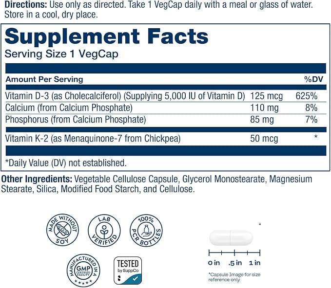 SOLARAY Vitamin D3 K2, K2 D3 Vitamin Supplement for Calcium Absorption, Bone Strength, Cardiovascular & Immune Function Support, Made Without Soy, 60-Day Guarantee, 60 Servings, 60 VegCaps