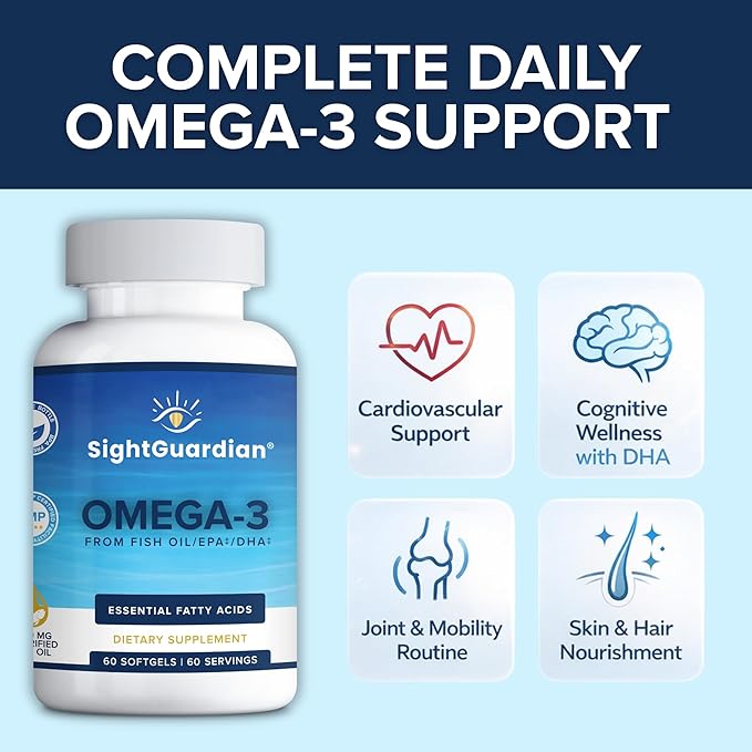 Sight Guardian Omega-3 with EPA, DHA, 100mg Fish Oil per Serving, Dietary Vitamin Supplement to Support Cardiovascular, Daily Health, Heart, Skin, Joints, and Brain