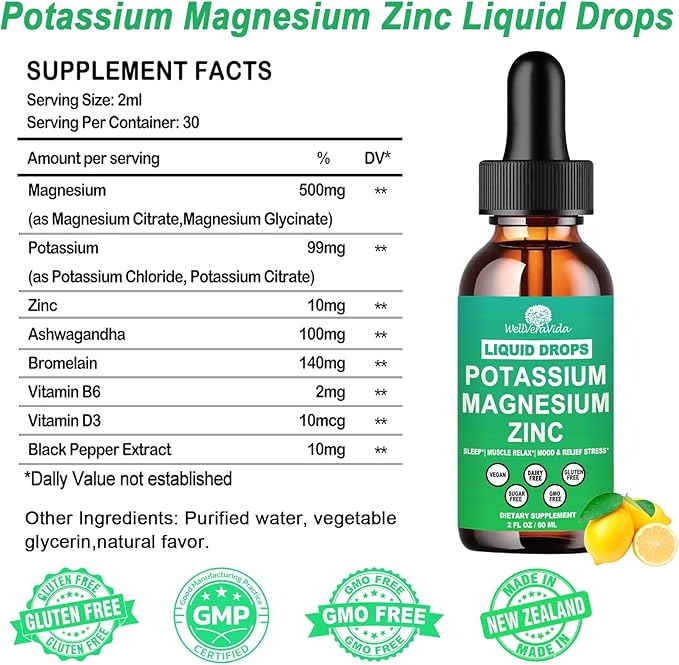 Potassium Magnesium Supplement Liquid, Electrolyte Potassium & Calm Magnesium Complex Drops Plus Zinc, Vitamin D3 & B6 for Cramp Relief, Bone, Energy & Immune Health, Faster Absorption Than Gummies