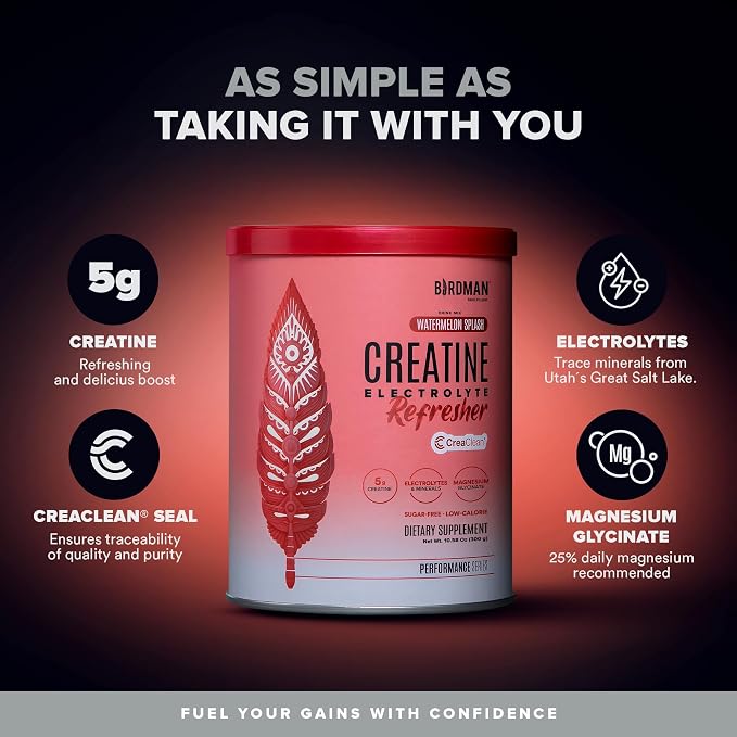 BIRDMAN Creatine Refresher | Creatine Monohydrate Powder with Electrolytes, Magnesium Glycinate & Vitamins | Creaclean Seal | Sugar Free, Low Calorie | Watermelon Splash | 30 Servings
