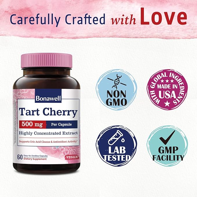 Bonawell Tart Cherry Capsule, 500mg Extract Per Capsule, Made from Montmorency Tart Cherries, Powerful Uric Acid Cleanse, Antioxidant Support, 2 Month Supply, 60 Capsules