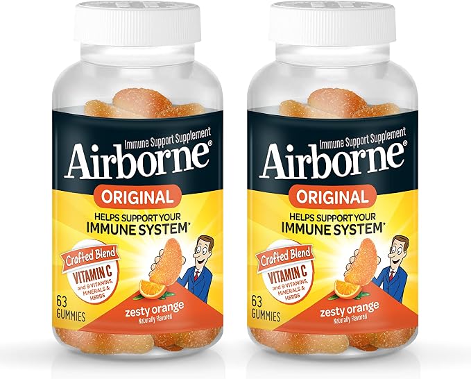 Airborne 750mg Vitamin C Immune Support Supplement Gummies for Adults, Zesty Orange Flavor, Gluten Free Crafted Blend with Powerful Antioxidants Vitamins A C & E, 63 Gummies (2 Pack)