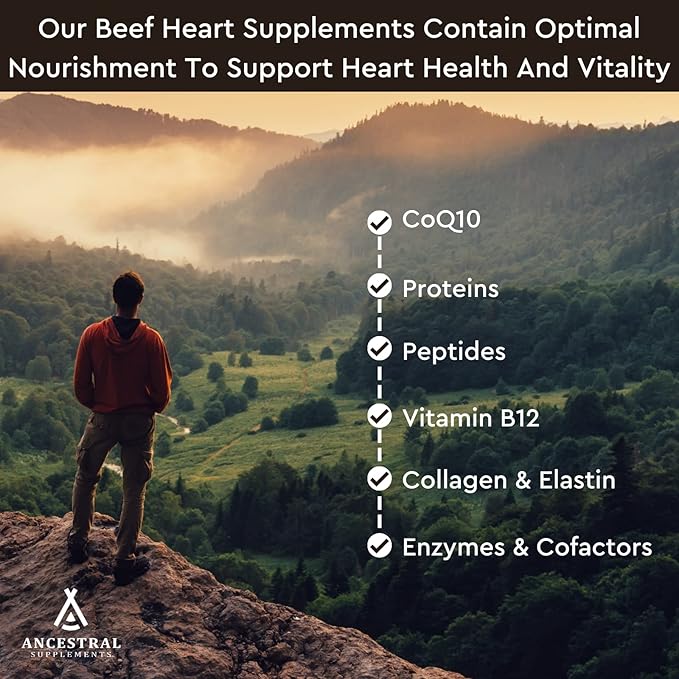 Ancestral Supplements Grass Fed Beef Heart Supplement, 3300mg, CoQ10 Supplement Supports Heart and Mitochondrial Health, Non-GMO, 180 Capsules (Pack of 2)