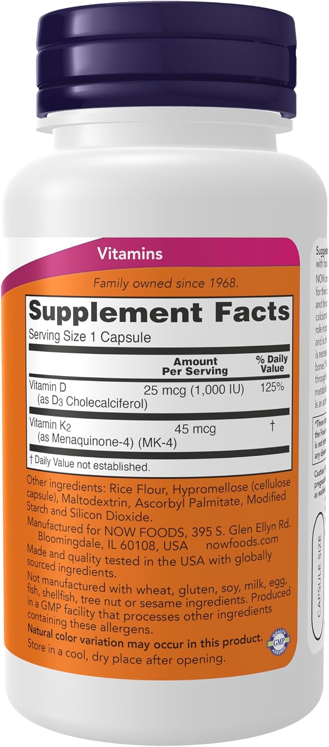 NOW Supplements, Vitamin D-3 & K-2, 1,000 IU/45 mcg,Plus Cardiovascular Support*, Supports Bone Health*, 120 veg Capsules