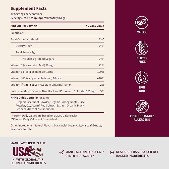Snap Supplements Organic Beet Root Powder Nitric Oxide Supplement for Men & Women, Red Spinach & Pomegranate, Supports Healthy Energy & Blood Pressure Already in Normal Range, 30 Servings, Mixed Berry