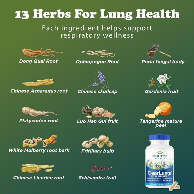 RidgeCrest Herbals ClearLungs Extra Strength, Daily Health Supplement, Natural Lung and Nasal Wellness Formula (60 Vegan Caps, 30 Serv)