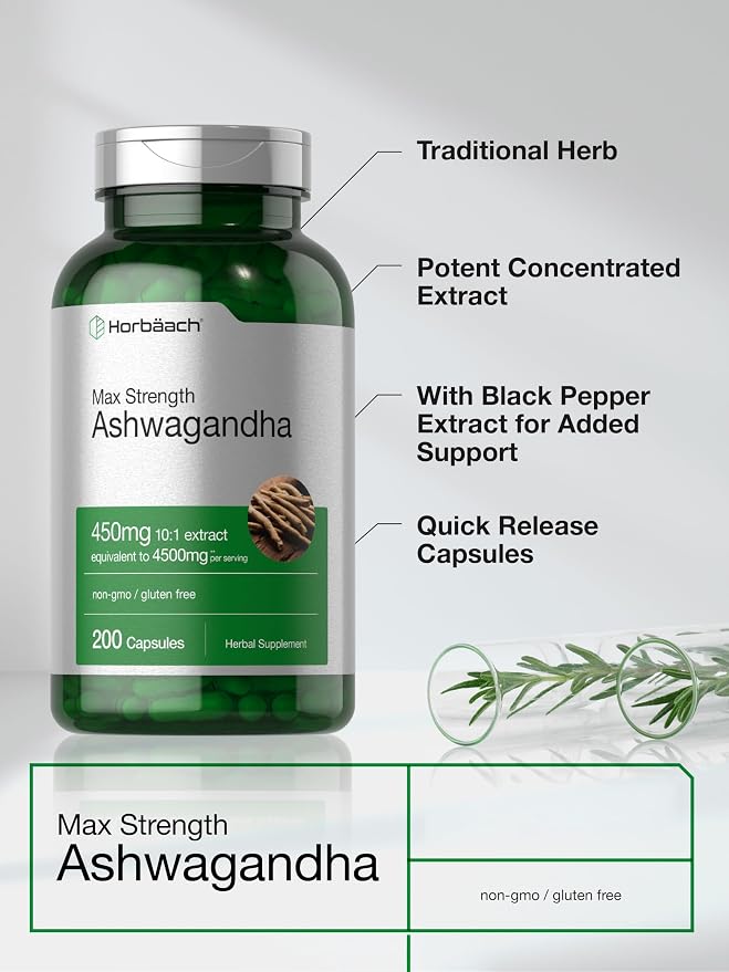 Horbäach Ashwagandha Supplement for Women and Men | 200 Capsules | Max Strength Herb Root Extract | with Black Pepper Extract | Non-GMO, Gluten Free