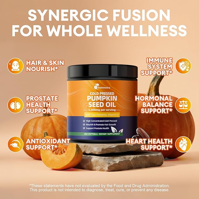 Pumpkin Seed Oil with Saw Palmetto Capsules, High Concentrated Pumpkin Seeds Oil Supplement, Cold Pressed, Supports Hair, Urinary, Bladder & Prostate Health, Vegan, Non-GMO, 360 Softgels