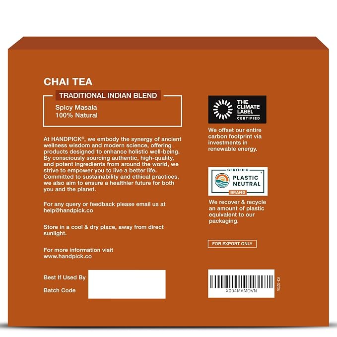 HANDPICK Masala Chai Tea Bags (100 Count) Strong Robust & Aromatic, Blended with Exotic Spices, Cinnamon, Black Pepper, Cloves & Cardamom - Premium Quality Eco-conscious Round Bags