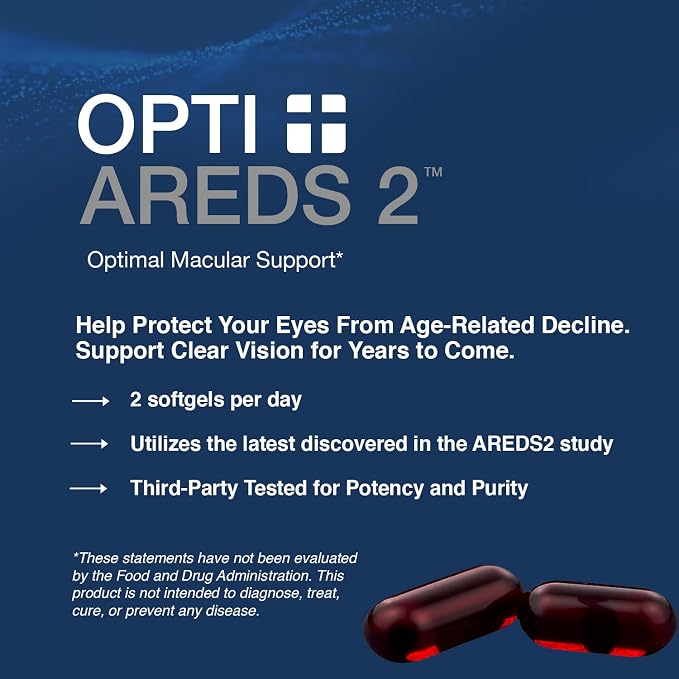 Opti + AREDS 2 Supplements | Vision & Eye Health Supplements for Adults | Includes Lutein, Zeaxanthin, Zinc, and Vitamin C for Macular Support* | 90 Softgels / 45 Servings
