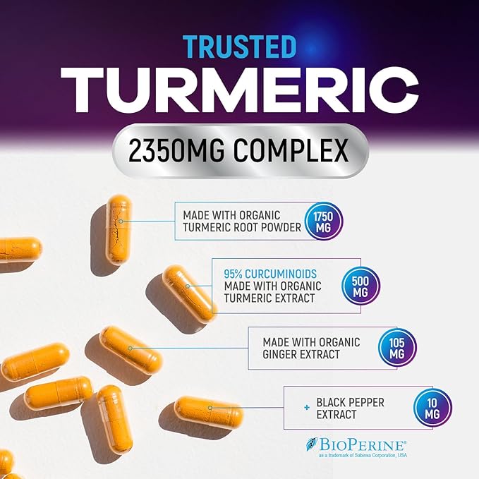 Turmeric Curcumin Supplement - 1750mg Organic Turmeric Per Serving - 95% Curcuminoids, Ginger & BioPerine Black Pepper for Best Absorption - Natural Vegan Joint Support, Bottled in USA - 360 Capsules
